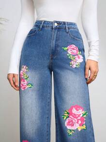 SHEIN Privé Women's Wide Leg Jeans With Flower Print