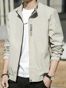 Men's Casual Jacket With Letter Print, Stylish Stand Collar Korean Version Outerwear - Khaki - View 1