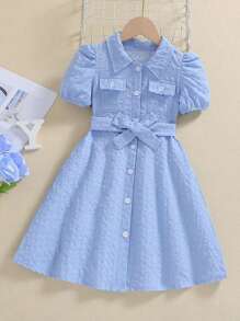 SHEIN Elladie kids Young Girl Plaid Puff Sleeve Dress With Belt Summer Holiday