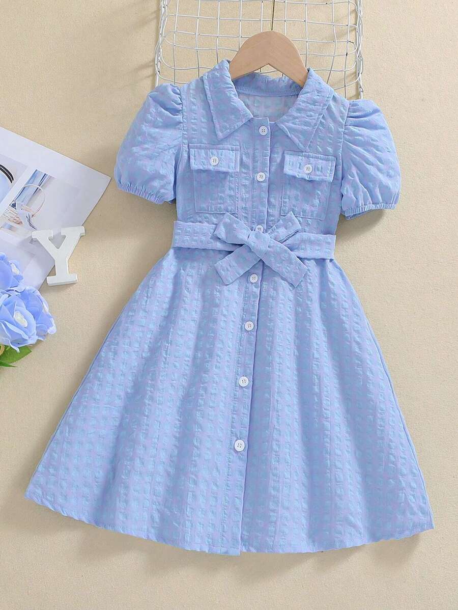 SHEIN Elladie kids Young Girl Plaid Puff Sleeve Dress With Belt Summer Holiday