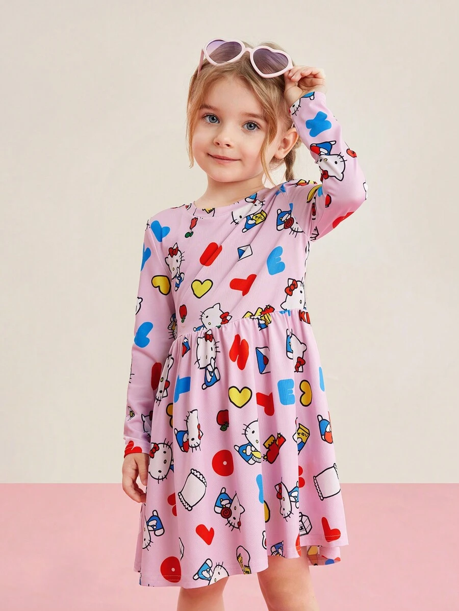HELLO KITTY AND FRIENDS | SHEIN 少女休閒可愛風格Hello-Kitty粉色全印花裙子，適用於春夏季節 - 彩色 - 查看 1