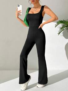 SHEIN EZwear Women'S Solid Color Casual Jumpsuit - Black - View 6