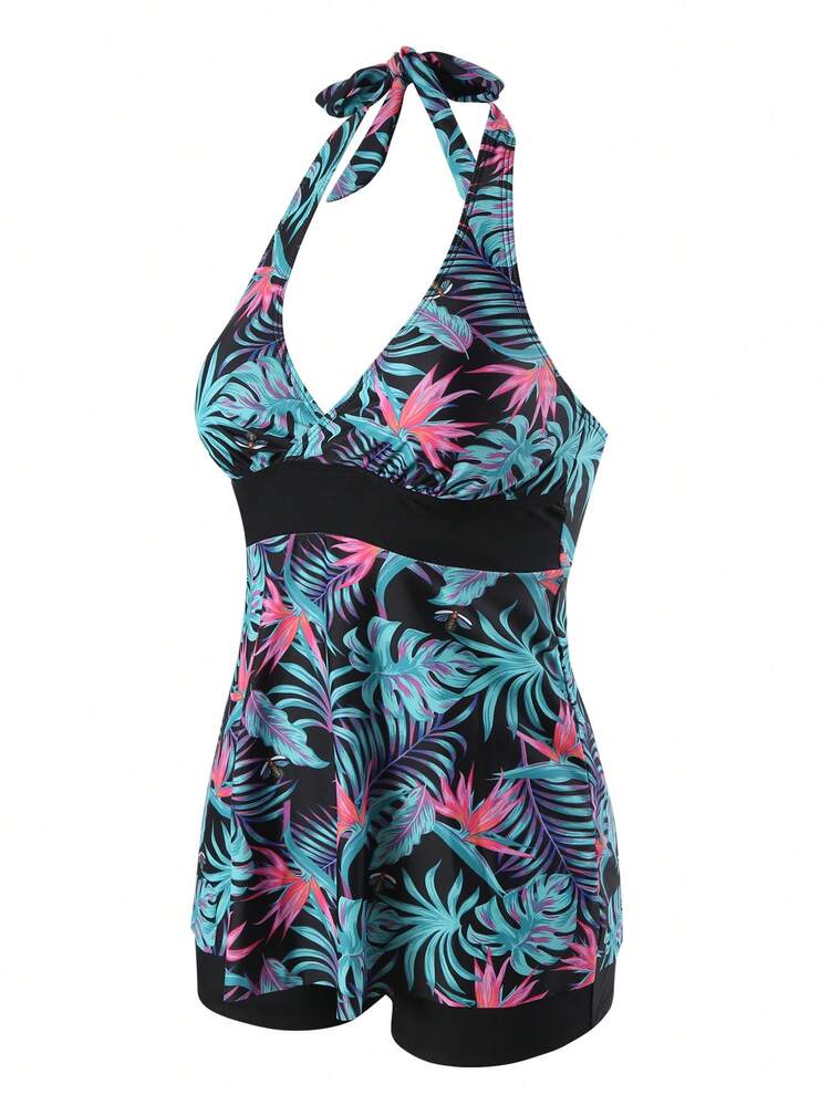 Summer Women's Tropical Plant Printed Halter Neck Tankini Set Carnival