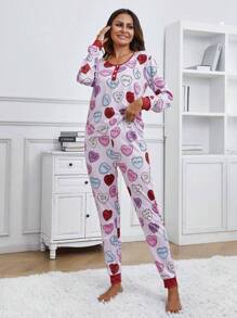 Conjunto De Pijama De Manga Larga Y Pantalón Para Mujer Con Estampado De Carta Y Corazón