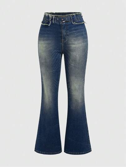 Grunge Punk Vintage Millennium Style Soft Butterfly Embroidered Skinny Stretch Denim Pants Flared Trousers