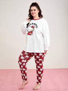 HELLO KITTY AND FRIENDS | SHEIN Plus Comfortable Cute Casual Loose Hello Kitty Print Long Sleeve Top And Pants Pajama Set - Multicolor - View 1