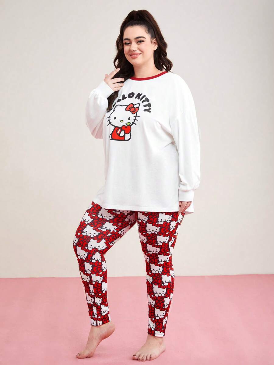 HELLO KITTY AND FRIENDS | SHEIN Plus Comfortable Cute Casual Loose Hello Kitty Print Long Sleeve Top And Pants Pajama Set - Multicolor - View 1