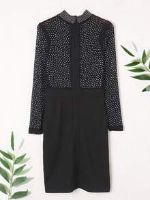 Rhinestone Detail Sheer Bodycon Dress - Black - View 7