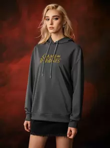 Game of Thrones X SHEIN 中性款1件西方龍印花連帽衫 - 深灰色 - 查看 3