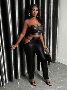 Slaydiva 大尺碼女性帶開叉裁剪的pu皮褲子,下擺分裂設計 - 黑色 - 查看 4