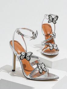 女士高跟開放式蛇紋閃亮金屬印花涼鞋,蝴蝶和花卉裝飾,適用於夜店、戶外活動和時尚品味 - 銀色 - 查看 5