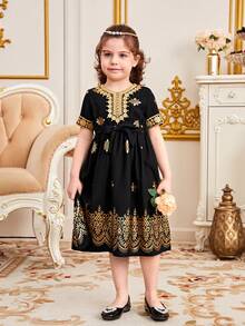 Young Girl Embroidered Applique Short Sleeve Dress - Multicolor - View 3