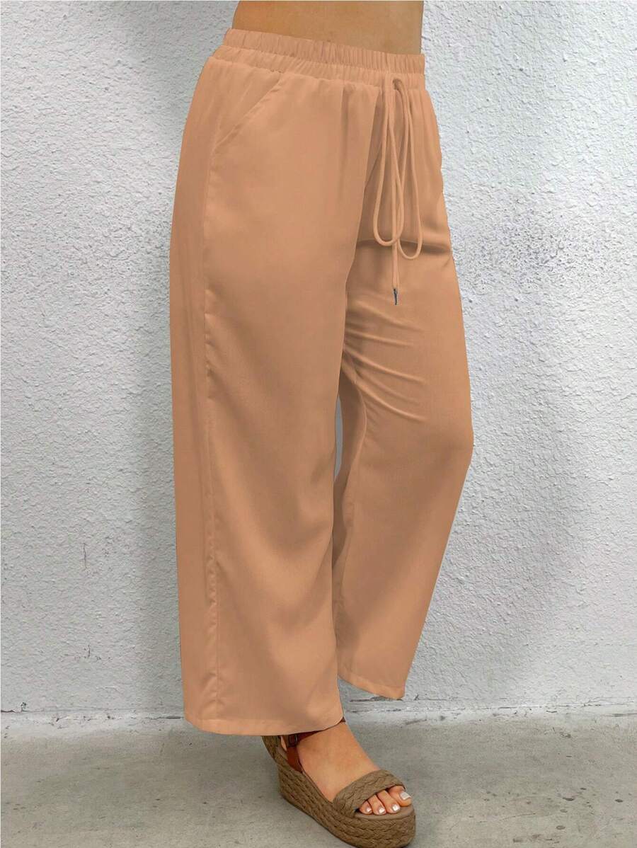 Calvaya Plus Size Solid Color Waist Tie Pants Fall Cloth For Women - Yellow - View 1