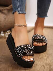 New Style Women's Thick-Soled Sandals, Fashionable, Versatile, With Rhinestones & Glitter, Open-Toe, Slip-On Slippers - Black - View 1