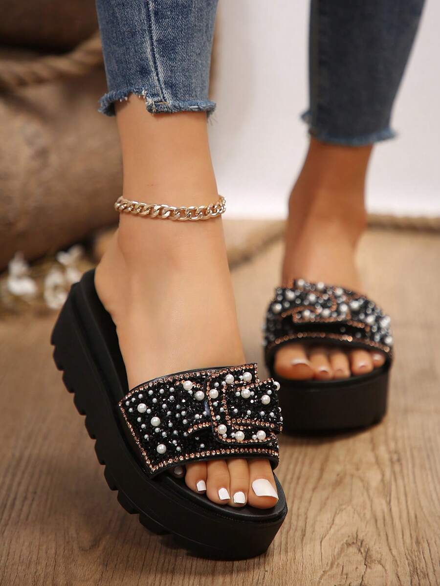 New Style Women's Thick-Soled Sandals, Fashionable, Versatile, With Rhinestones & Glitter, Open-Toe, Slip-On Slippers - Black - View 1