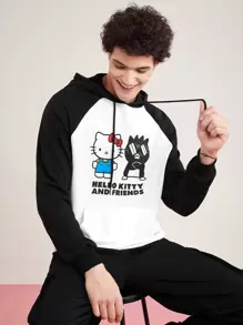 HELLO KITTY AND FRIENDS | SHEIN 男士卡通圖案拼色連帽衫 - 黑與白 - 查看 7
