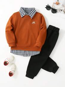 SHEIN 2入組男童可愛休閒馬繡衫＆黑色褲子套裝,春季舒適服裝 - 棕色 - 查看 1