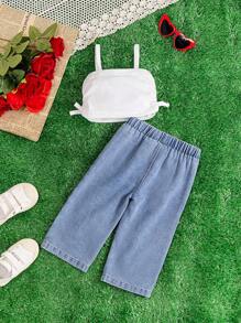 2pcs/Set Spring/Summer Baby Girls' Letter Print Denim Short With Distressed Effect And Sleeveless Top, Fashionable Outfits