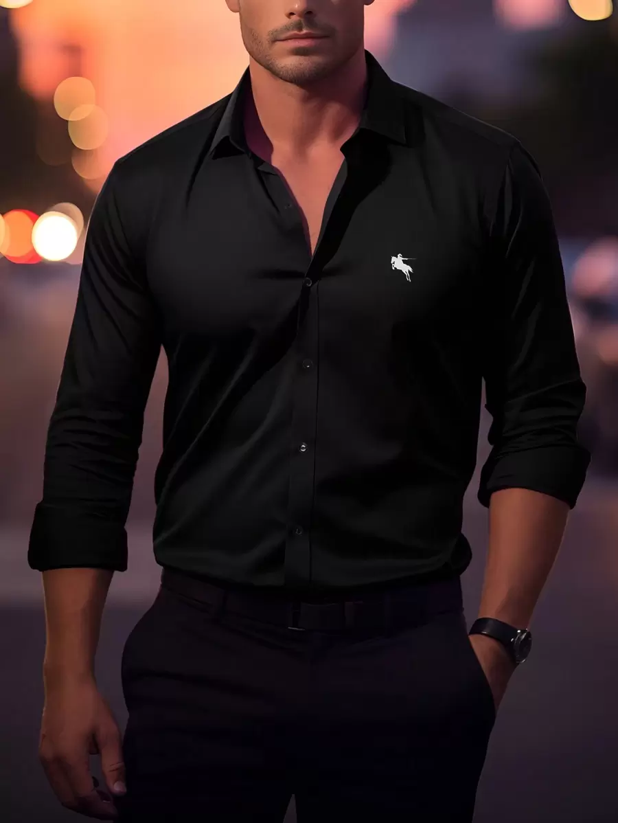 Manfinity Mode 秋季男士马术印花长袖衬衫 - 黑色 - 查看 1