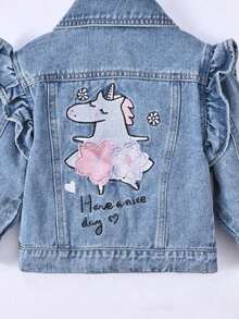 Baby Girl Unicorn & Slogan Graphic Ruffle Trim Denim Jacket - Medium Wash - View 3