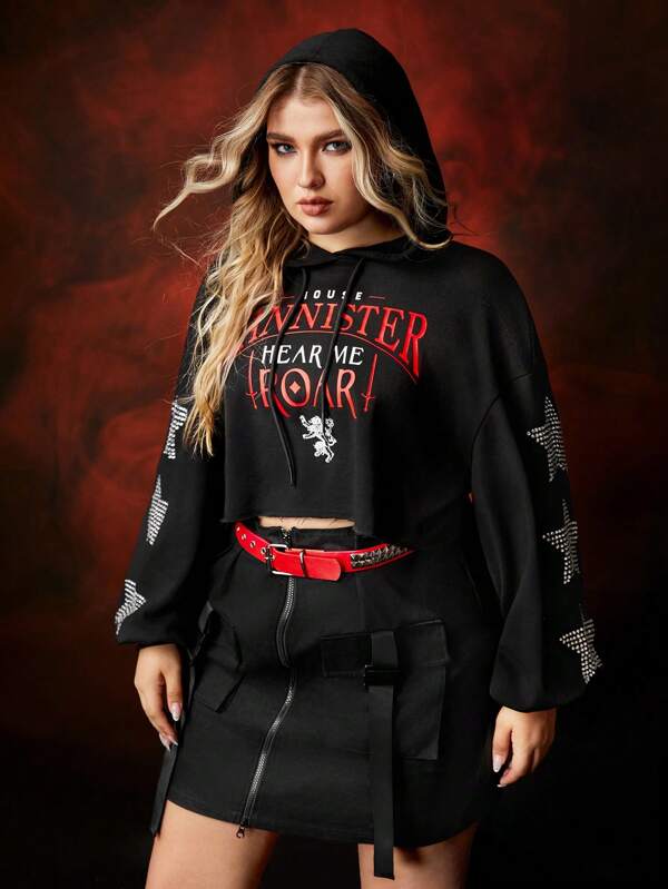 Game of Thrones X SHEIN Plus Size Letter & Rhinestone Decor Star Pattern Drawstring Hoodie