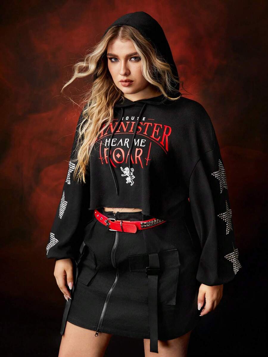Game of Thrones X SHEIN Plus Size Letter & Rhinestone Decor Star Pattern Drawstring Hoodie