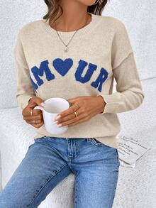 SHEIN Frenchy Women's Letter Print Towel Sleeve Drop Shoulder Sweater - Beige - View 3