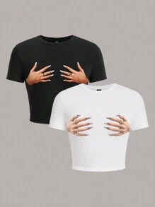 SHEIN EZwear 2入組女款手印短袖t恤 - 彩色 - 查看 1