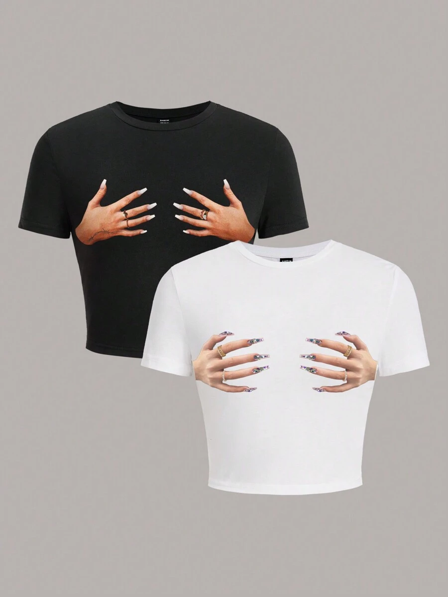 SHEIN EZwear 2入組女款手印短袖t恤 - 彩色 - 查看 1