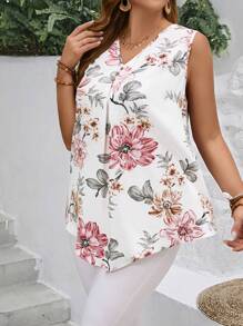 EMERY ROSE Plus Size Women Print V-Neck Tank Top Floral Bluzka Na Wiosnę, Lato