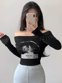 DAZY Women's Slim Fit Pleated Off Shoulder Letter Print T-Shirt Going Out Tops,Fall Clothes,Back To School Clothes Long Sleeve Women Tops - Black - View 2