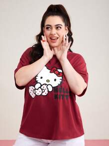 HELLO KITTY AND FRIENDS | SHEIN Plus Cartoon Letter Print Round Neck T-Shirt - Red - View 4