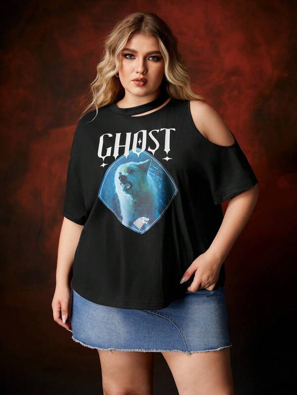 Game of Thrones X SHEIN Plus Wolf Pattern Cut Out T-Shirt