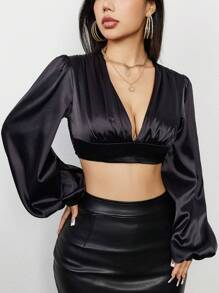 Zolique Solid Color Lantern Sleeve Cropped Blouse Fall Cloth For Women - Black - View 1