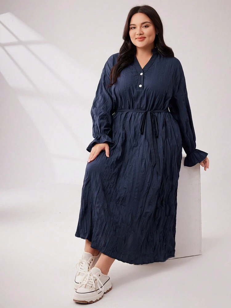 Plus Size Women'S Textured Ruffle Sleeve Dress