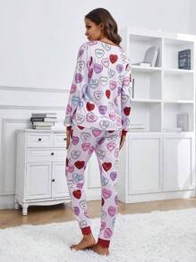 Conjunto De Pijama De Manga Larga Y Pantalón Para Mujer Con Estampado De Carta Y Corazón