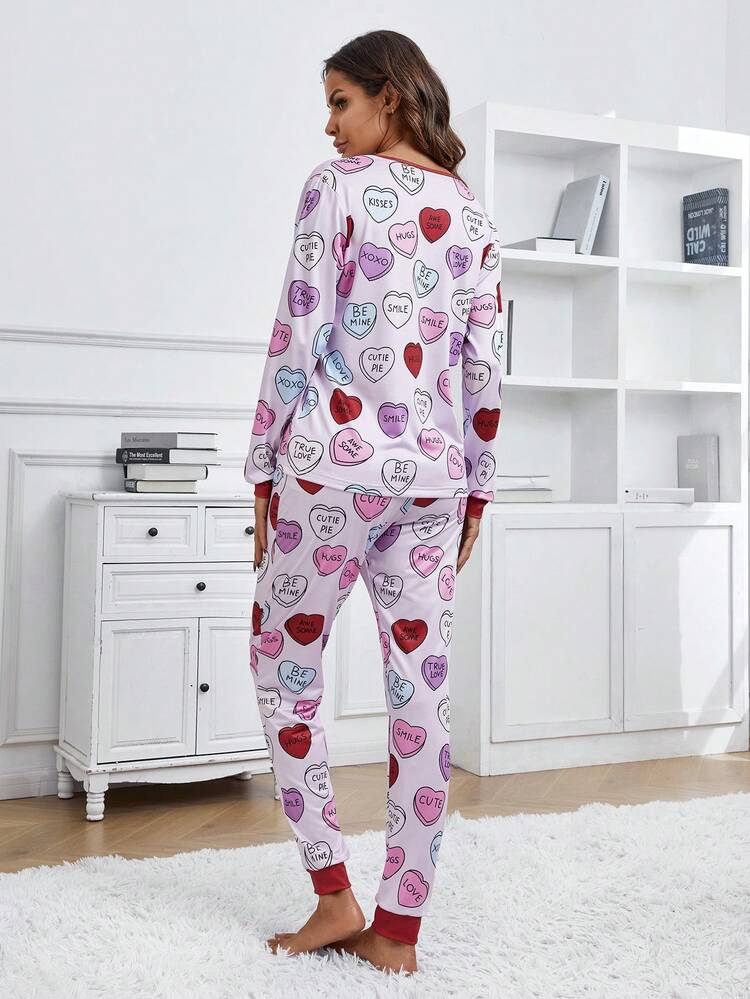 Women's Letter & Heart Printed Long Sleeve & Pants Pajama Set