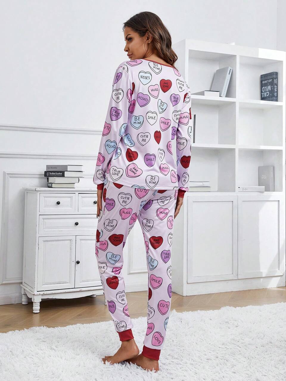 Women's Letter & Heart Printed Long Sleeve & Pants Pajama Set