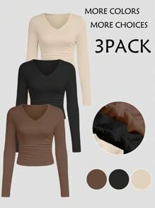 SHEIN Unity 女裝v領長袖修身t恤 - 棕色 - 查看 1