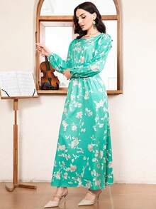 阿拉伯优雅圆领花卉拼色口袋泡泡袖连衣裙 - 綠色 - 查看 4