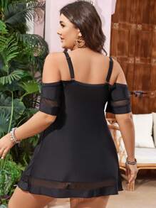 SHEIN Swim Curve Plus Size Mesh Splicing Off Shoulder Bikini Set Music Festival - Black - View 2