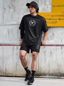 Manfinity Athleisure 男友风男式印花运动短袖 T 恤健身上衣 - 黑色 - 查看 5