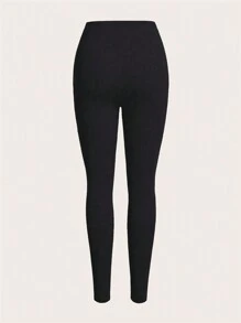 SHEIN Unity Women's Solid Color High Waist Stretchy Leggings - Coffee Brown - View 6