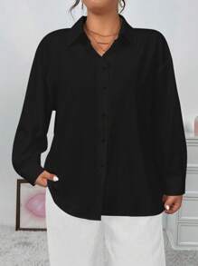Elenzga Plus Size Solid Color Long Sleeve Casual Shirt - Black - View 5