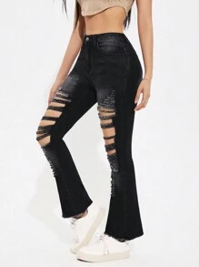 SHEIN PETITE Frayed Hem Flared Jeans With Washed & Distressed Effect ,Petite Women - Black - View 3