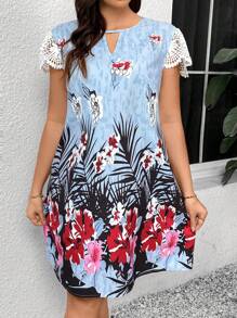 SHEIN LUNE Kích thước lớn Của phụ nữ Tay áo ren Hoa In Giải trí Mùa hè Lãng mạn Ngày Đầm Với Thực vật & Hình hoa - Nhiều màu - Xem 4