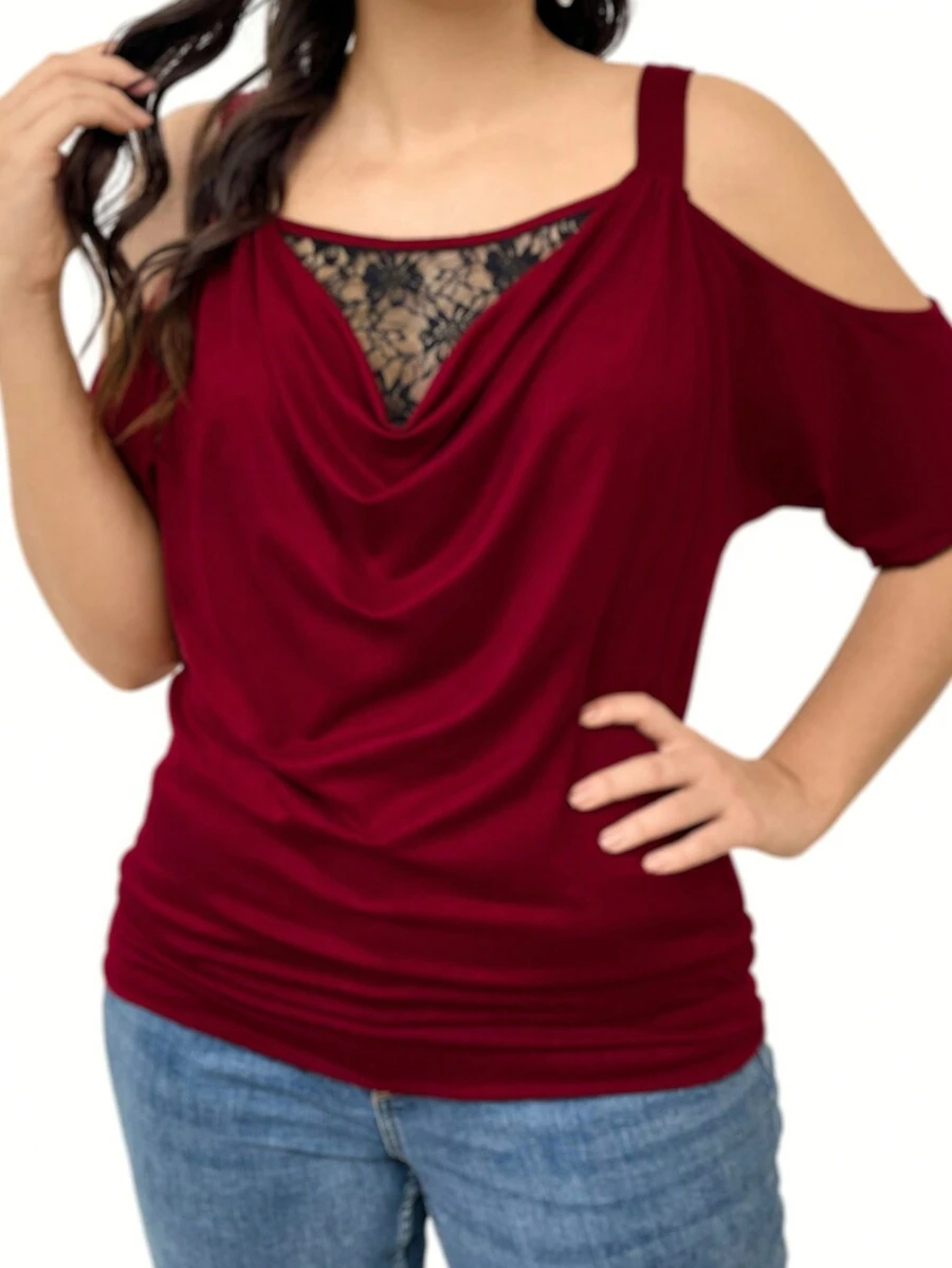 SHEIN Clasi 大碼蕾絲拼接挖肩女性上衣 - 酒紅色 - 查看 1