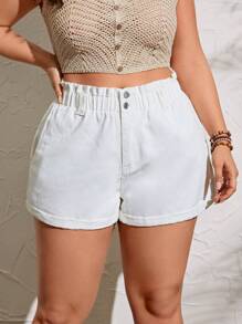 SHEIN LUNE Của phụ nữ Kích thước lớn Màu thuần Quần short Denim Với Nghiêng Túi Và Cán Hem - trắng - Xem 1