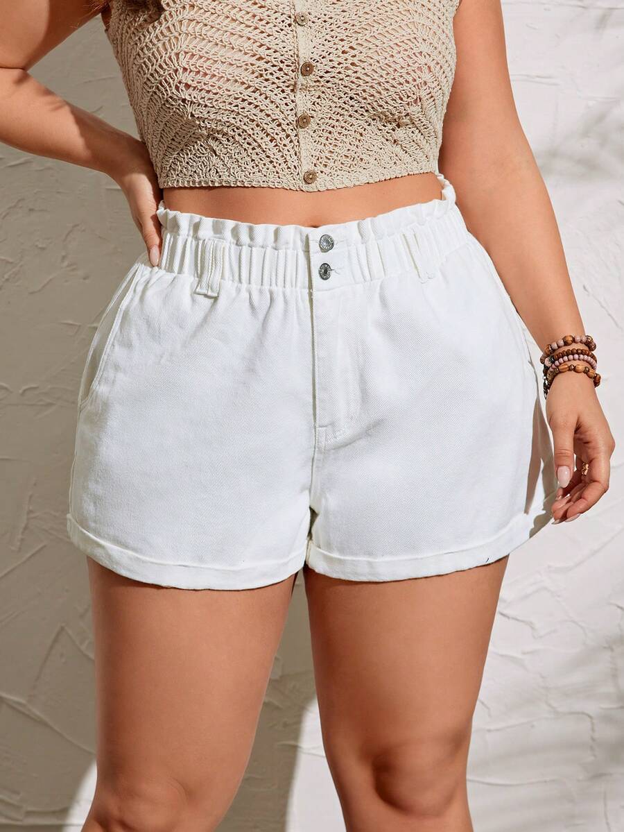 SHEIN LUNE Của phụ nữ Kích thước lớn Màu thuần Quần short Denim Với Nghiêng Túi Và Cán Hem - trắng - Xem 1