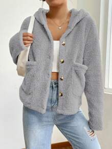 SHEIN EZwear 女性毛絨質連帽外套 - 灰色 - 查看 5